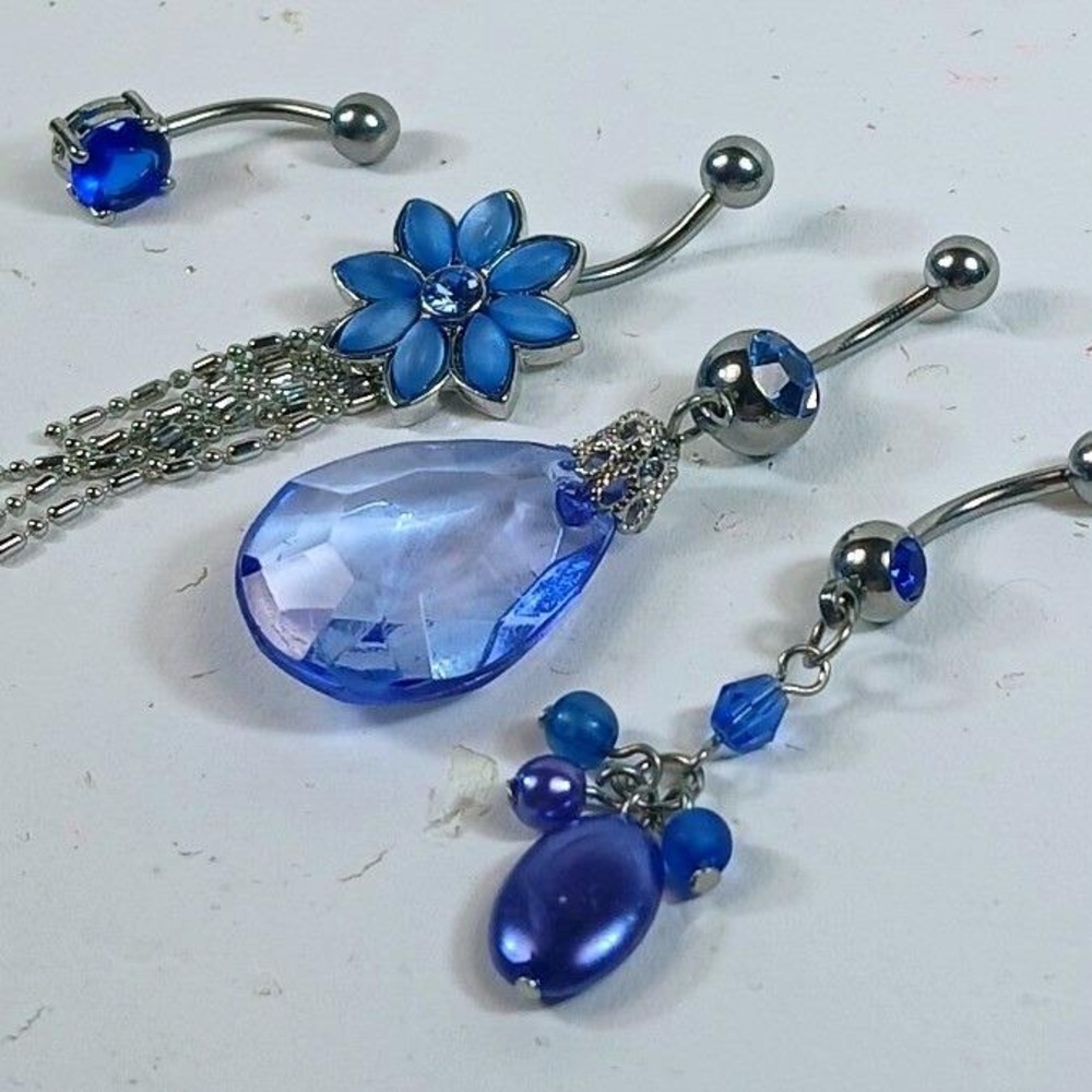 Vintage 90s Blue Belly Button Ring Set 4pc 14G 316L Surgical Steel New Old Stock - Picture 9 of 12
